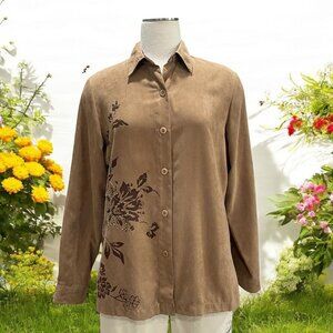 Patchington Brown Suede Floral Embroidered Beaded Blouse S Elegant Retro Casual‎